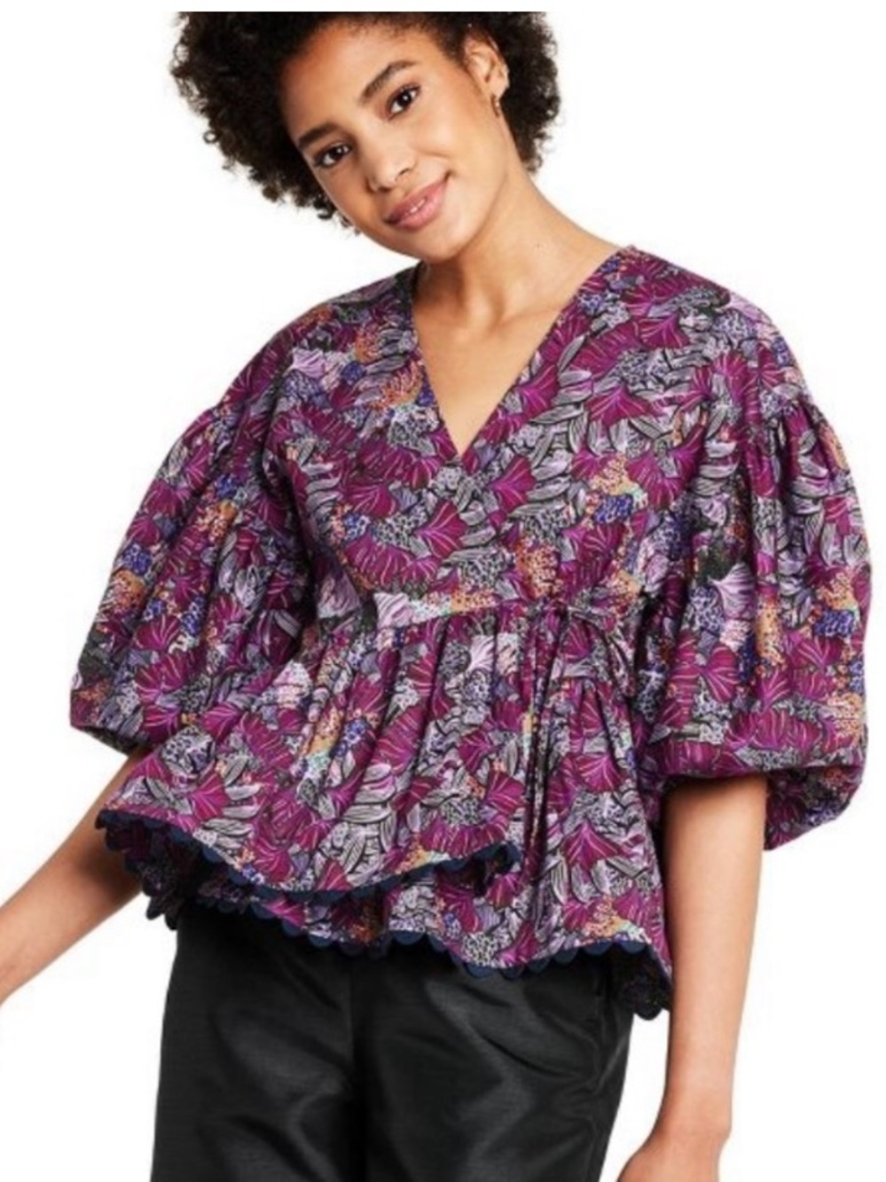 Kiki Vargas for Target Coral Reef Purple Floral V-Neck Puff Sleeve Peplum Top